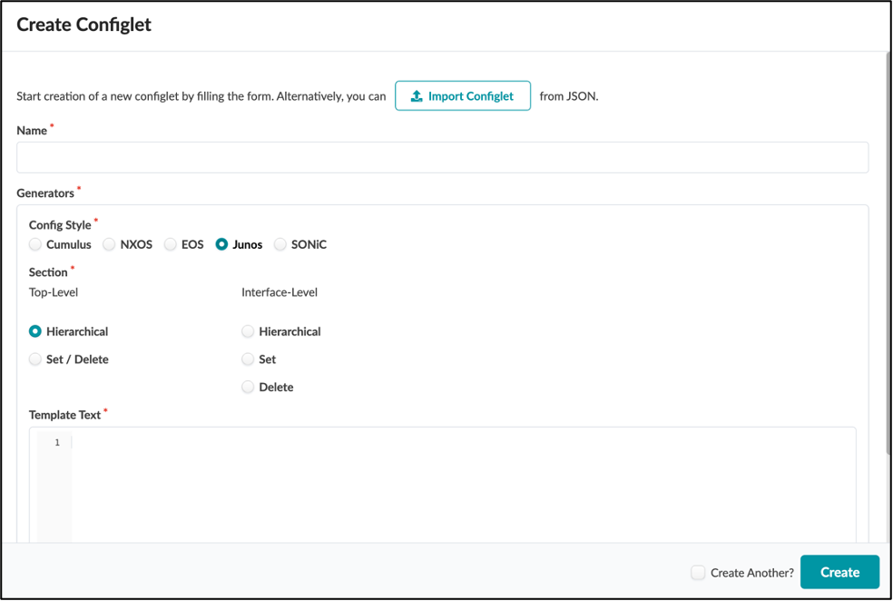 The Apstra UI menu for creating a Configlet
