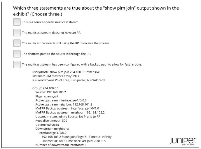Example multicast question from the JNCIP-SP practice exam