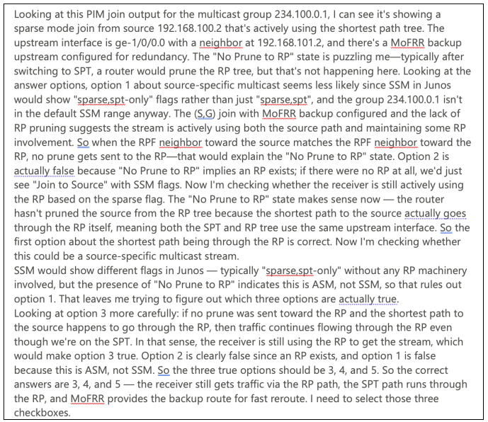 The "thought" process of the LLM when answering a multicast question in the JNCIP-SP practice exam